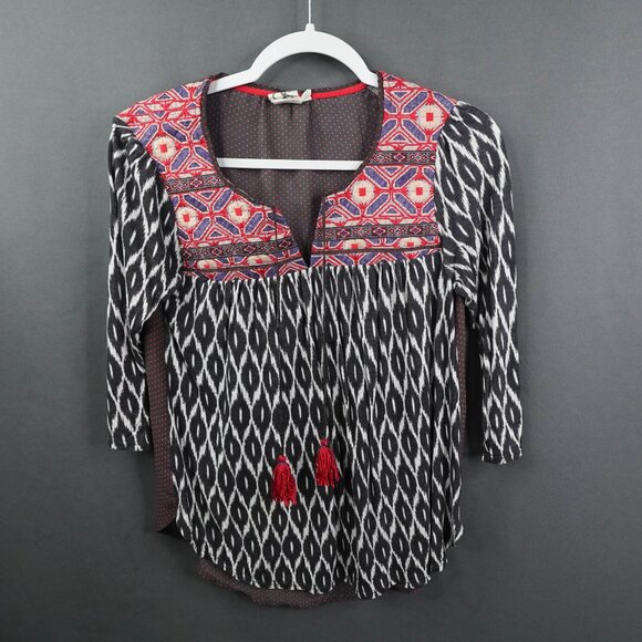 Anthropologie One September Top XS Ikat Boho Peasant Artsy Sheer Back Statement - Picture 1 of 14